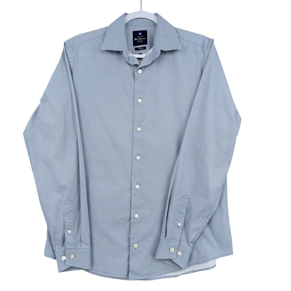 Ben Sherman Tailoring Dress Shirt Mens M Cotton Spandex Blue White Dot Stretch